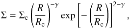 Mathematical equation: \begin{equation} \Sigma = \Sigma_{\rm c}\left(\frac{R}{R_{\rm c}}\right)^{-\gamma} \exp \left[-\left(\frac{R}{R_{\rm c}}\right)\right]^{2-\gamma}, \end{equation}