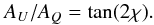 Mathematical equation: \begin{equation} A_U/A_Q = \tan(2\chi) . \label{eq_azim} \end{equation}