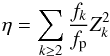 Mathematical equation: \begin{equation} \eta = \sum_{k \ge 2}\frac{f_k}{f_{\rm p}}Z_k^2 \end{equation}