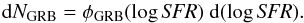 Mathematical equation: \begin{equation} {\rm d}N_{\rm GRB} = \phi_{\rm GRB}(\log \textit{SFR}) \ {\rm d}(\log \textit{SFR}). \label{EQLGRBhsfrfunc} \end{equation}