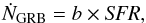 Mathematical equation: \begin{equation} \dot{N}_{\rm GRB}= b \times \textit{SFR}, \label{EQdefbias} \end{equation}