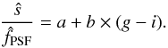 Mathematical equation: \begin{equation} \frac{\hat{s}}{\hat{f}_{\rm PSF}} = a + b \times (g - i) . \label{eq:sky_approx} \end{equation}