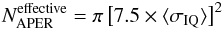 Mathematical equation: \begin{equation} N_{\rm APER}^{\rm effective} = \pi \left[ 7.5 \times \langle \sigma_{\rm IQ} \rangle \right ]^2 \label{eq:area_aper} \end{equation}