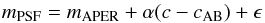 Mathematical equation: \begin{equation} m_{\rm PSF} = m_{\rm APER} + \alpha (c - c_{\rm AB}) + \epsilon \label{eq:chrom_diff} \end{equation}