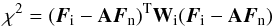Mathematical equation: \begin{equation} \chi^2 = (\boldsymbol{F}_{\rm i} -{\bf A}\boldsymbol{F}_{\rm n})^{\rm T} {\bf W}_{\rm i}(\boldsymbol{F}_{\rm i} -{\bf A}\boldsymbol{F}_{\rm n}) \label{eq:chi2_night} \end{equation}