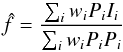 Mathematical equation: \begin{equation} \hat{f} = \frac{\sum_i w_i P_i I_i}{\sum_i w_i P_i P_i} \label{eq:psf-flux-estimator} \end{equation}