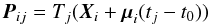 Mathematical equation: \begin{equation} {\boldsymbol P_{ij}} = T_j({\boldsymbol X_i} + {\boldsymbol \mu_i}(t_j-t_0)) \label{eq:astrom_model} \end{equation}
