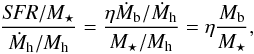 Mathematical equation: \begin{eqnarray} \frac{\textit{SFR}/M_\star}{\dot{M}_{\rm h}/M_{\rm h}} = \frac{\eta \dot{M}_{\rm b} / \dot{M}_{\rm h}}{M_\star / M_{\rm h}} = \eta \frac{M_{\rm b}}{M_\star}, \end{eqnarray}