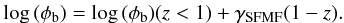 Mathematical equation: \begin{eqnarray} \log\,(\phi_{\rm b}) = \log\,(\phi_{\rm b})(z<1) + \gamma_{\rm SFMF} (1-z). \end{eqnarray}