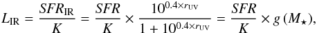 Mathematical equation: \begin{eqnarray} \label{eq:att} L_{\rm IR} = \frac{\textit{SFR}_{\rm IR}}{K} = \frac{\textit{SFR}}{K} \times \frac{10^{0.4 \times r_{\rm UV}}}{1 + 10^{0.4 \times r_{\rm UV}}} = \frac{\textit{SFR}}{K} \times g\,(M_\star), \end{eqnarray}