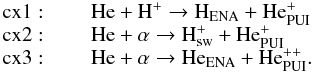 Mathematical equation: \begin{eqnarray*} \begin{array}{l} \mathrm{cx1}: \qquad \rm He + H^+ \to H_{\mathrm{ENA}} + He^{+}_{\mathrm{PUI}}\\ \mathrm{cx2}: \qquad \rm He + \alpha \to H^+_{\mathrm{sw}} + He^{+}_{\mathrm{PUI}}\\ \mathrm{cx3}: \qquad \rm He + \alpha \to He_{\mathrm{ENA}} + He^{++}_{\mathrm{PUI}}.\\ \end{array} \end{eqnarray*}