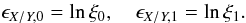 Mathematical equation: \begin{equation} \ \epsilon_{{X/Y,0}}=\ln{\xi_0}, \quad \epsilon_{{X/Y,1}}=\ln{\xi_1}.\label{eq:epsDiffParam} \end{equation}
