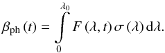 Mathematical equation: \appendix \setcounter{section}{1} \begin{equation} \beta_{\mathrm{ph}}\left( t \right)=\int\limits_0^{\lambda_0}{F\left( \lambda, t \right)\sigma\left( \lambda \right) \mathrm{d}\lambda}. \label{eq:photoIonRate} \end{equation}