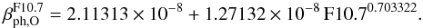 Mathematical equation: \appendix \setcounter{section}{1} \begin{equation} \beta_{\mathrm{ph,O}}^{\mathrm{F10.7}} = 2.11313 \times 10^{-8} + 1.27132 \times 10^{-8} \, \mathrm{F10.7}^{0.703322}. \label{eq:betaOxF107} \end{equation}