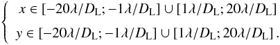 Mathematical equation: \begin{eqnarray} \label{eq:far_from_trans} \left \{ \begin{array}{c} x \in [-20\lambda/D_{\rm L};-1\lambda/D_{\rm L}] \cup \left[1\lambda/D_{\rm L};20\lambda/D_{\rm L}\right] \\[2mm] y \in [-20\lambda/D_{\rm L};-1\lambda/D_{\rm L}] \cup \left[1\lambda/D_{\rm L};20\lambda/D_{\rm L}\right]. \end{array} \right . \end{eqnarray}
