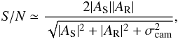 Mathematical equation: \begin{eqnarray} \label{eq:S/N} {\it S/N} \simeq \dfrac{2|A_{\rm S}||A_{\rm R}|}{\sqrt{|A_{\rm S}|^2+|A_{\rm R}|^2+ \sigma_{\rm cam}^2}}, \end{eqnarray}