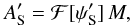 Mathematical equation: \begin{eqnarray} \label{eq:a_pr_s} A'_{\rm S}= \mathcal{F}[\psi'_{\rm S}]\,M, \end{eqnarray}
