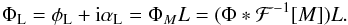 Mathematical equation: \begin{eqnarray} \label{eq:psi_Lyot} \Phi_{\rm L} = \phi_{\rm L} + {\rm i}\alpha_{\rm L} = \Phi_M L = (\Phi*\mathcal{F}^{-1}[M]) L. \end{eqnarray}