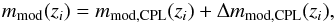 Mathematical equation: \begin{eqnarray} {m_{\rm mod}}(z_{i}) = {m_{\rm mod, CPL}}(z_{i}) + \Delta {m_{\rm mod, CPL}}(z_{i}), \end{eqnarray}