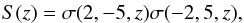 Mathematical equation: \begin{eqnarray} S(z)=\sigma(2,-5,z)\sigma(-2,5,z), \label{eq:ssigmas} \end{eqnarray}