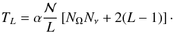 Mathematical equation: \begin{eqnarray} T_L = \alpha\frac {\mathcal {N}}L\left[ N_\Omega N_\nu+2(L-1) \right]\cdot \label{eq:parLtime} \end{eqnarray}