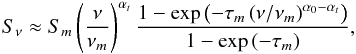 Mathematical equation: \begin{eqnarray} S_\nu \approx S_m\left(\frac{\nu}{\nu_m}\right)^{\alpha_t}\frac{1-\exp{\left(-\tau_m\left(\nu/\nu_m\right)^{\alpha_0-\alpha_t}\right)}}{1-\exp{(-\tau_m)}}, \label{snuapprox} \end{eqnarray}