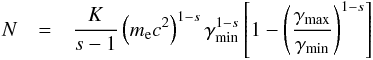 Mathematical equation: \begin{eqnarray} N&=&\frac{K}{s-1}\left(m_{\rm e}c^{2}\right)^{1-s}\gamma_\mathrm{min}^{1-s}\left[1-\left(\frac{\gamma_\mathrm{max}}{\gamma_\mathrm{min}}\right)^{1-s}\right] \label{Ntot} \end{eqnarray}