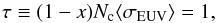 Mathematical equation: \begin{equation} \tau \equiv (1-x) N_{\rm c} \langle \sigma_{\rm EUV} \rangle = 1, \label{taueq1} \end{equation}