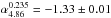 Mathematical equation: \hbox{$\alpha^{0.235}_{4.86} = -1.33\pm0.01$}