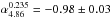 Mathematical equation: \hbox{$\alpha^{0.235}_{4.86} = -0.98\pm0.03$}