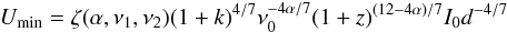 Mathematical equation: \begin{equation} U_{\rm min} = \zeta(\alpha, \nu_{1}, \nu_{2})(1+k)^{4/7}\nu_{0}^{-4\alpha/7}(1+z)^{(12-4\alpha)/7}I_{0}d^{-4/7} \end{equation}