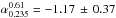 Mathematical equation: \hbox{$\alpha^{0.61}_{0.235} = -1.17\,\pm\,0.37$}