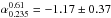 Mathematical equation: \hbox{$\alpha^{0.61}_{0.235} = -1.17\pm0.37$}