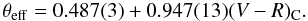 Mathematical equation: $$ \theta_\mathrm{eff} = 0.487(3) + 0.947(13) (V-R)_{\rm C}. $$
