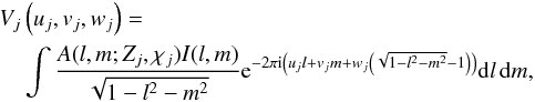 Mathematical equation: \begin{eqnarray} && V_j\left( u_j,v_j,w_j \right) = \nonumber\\ &&\hspace*{4mm}\int \frac{A(l,m;Z_j,\chi_j)I(l,m)}{\sqrt{1-l^2-m^2}}{\rm e}^{-2 \pi {\rm i} \left(u_j l+v_j m+w_j \left(\sqrt{1-l^2-m^2}-1\right)\right)} {\rm d}l\,{\rm d}m, \label{eq:samuvw} \end{eqnarray}