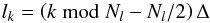 Mathematical equation: \begin{equation} l_k = \left(k \bmod{N_l} - N_l/2\right) \Delta \end{equation}