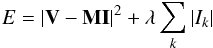 Mathematical equation: \begin{equation} E = |{\bf V} - {\bf M}{\bf I}|^2+\lambda \sum_k |I_k| \label{eq:cme} \end{equation}