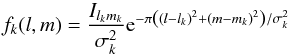 Mathematical equation: \begin{equation} f_k(l,m)= \frac{I_{l_k m_k}}{\sigma_k^2} {\rm e}^{- \pi {\left((l-l_k)^2+(m-m_k)^2\right)}/{\sigma_k^2}} \label{eq:gaus} \end{equation}