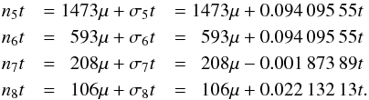 Mathematical equation: \begin{eqnarray} n_5t&=1473 \mu + \sigma_5t&= 1473 \mu +0.094\,095\,55 t \\ \nonumber n_6t&=\phantom{1}593 \mu + \sigma_6t&=\phantom{1} 593 \mu +0.094\,095\,55 t \\ \nonumber n_7t&= \phantom{1} 208 \mu + \sigma_7t&= \phantom{1}208 \mu -0.001\,873\,89t \\\nonumber n_8t&= \phantom{1} 106 \mu + \sigma_8t&= \phantom{1}106 \mu +0.022\,132\,13 t. \nonumber \end{eqnarray}