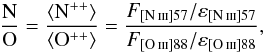Mathematical equation: \begin{equation} \frac{\mathrm{N}}{\mathrm{O}}=\frac{\langle \mathrm{N}^{++}\rangle} {\langle \mathrm{O}^{++}\rangle} =\frac{F_{[\ion{N}{iii}]57}/\varepsilon_{[\ion{N}{iii}]57}} {F_{[\ion{O}{iii}]88}/\varepsilon_{[\ion{O}{iii}]88}} , \end{equation}