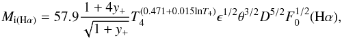 Mathematical equation: \appendix \setcounter{section}{2} \begin{equation} \label{ionized mass H alpha} M_{\rm i(\mathrm{H\alpha})}=57.9\frac{1+4y_{+}}{\sqrt{1+y_{+}}}T_4^{(0.471+0.015\mathrm{ln}T_4)}\epsilon^{1/2} \theta^{3/2}D^{5/2}F^{1/2}_0(\mathrm{H}\alpha), \end{equation}