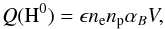 Mathematical equation: \appendix \setcounter{section}{2} \begin{equation} Q(\mathrm{H}^{0})=\epsilon n_{\mathrm{e}}n_{\mathrm{p}}\alpha_{B}V, \end{equation}