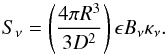 Mathematical equation: \appendix \setcounter{section}{2} \begin{equation} \label{radio flux} S_{\nu}=\left(\frac{4\pi R^{3}}{3D^{2}}\right)\epsilon B_{\nu}\kappa_{\nu} . \end{equation}