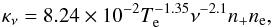 Mathematical equation: \appendix \setcounter{section}{2} \begin{equation} \kappa_{\nu}=8.24\times10^{-2}T_\mathrm{e}^{-1.35}\nu^{-2.1}n_{+}n_{\mathrm{e}}, \end{equation}