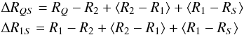 Mathematical equation: \begin{eqnarray} &&\Delta R_{QS}=R_Q-R_2+\langle R_2-R_1 \rangle+\langle R_1-R_S \rangle \\ &&\Delta R_{1S}=R_1-R_2+\langle R_2-R_1 \rangle+\langle R_1-R_S \rangle \nonumber \end{eqnarray}