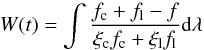 Mathematical equation: \begin{equation} W(t)=\int{}{}\frac{f_{\rm c}+f_{\rm l}-f}{\xi_{\rm c} f_{\rm c}+\xi_{\rm l} f_{\rm l}}{\rm d}\lambda \end{equation}