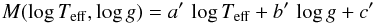\begin{equation} M(\log T_{\rm eff}, \log g)=a'\, \log T_{\rm eff}+b'\, \log g+c' \label{eq:M_Tglineal} \end{equation}