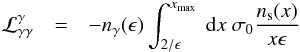 Mathematical equation: \begin{eqnarray} \cal{L}^{\gamma}_{\gamma \gamma} & = & -\nga(\epsilon)\int_{2/\epsilon}^{\xmx} \ \textrm{d} x \ \sigma_0 \frac{\ns(x)}{x\epsilon} \label{Lgg} \end{eqnarray}
