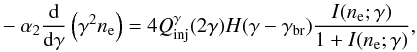 Mathematical equation: \begin{eqnarray} -\alpha_2\frac{\rm d}{{\rm d} \gamma}\left( \gamma^2 \nel\right) = 4{Q}^{\gamma}_{\rm inj}(2\gamma)H(\gamma-\gcr) \frac{I(\nel;\gamma)}{1+I(\nel;\gamma)}, \label{integrodiff} \end{eqnarray}