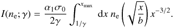 Mathematical equation: \begin{eqnarray} I(\nel;\gamma) = \frac{\alpha_1\sigma_0}{2\gamma}\int_{1/\gamma}^{\xmx} \ \textrm{d}x\ \nel\left(\sqrt{\frac{x}{b}}\right)x^{-3/2}. \end{eqnarray}